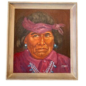 VTG Framed Native American Portrait Hosteen TSO Navajo Signed O.W. Oil Painting